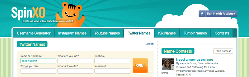 Spinxo Twitter Names - Herramientas Para Generar Nombres Para Twitter
