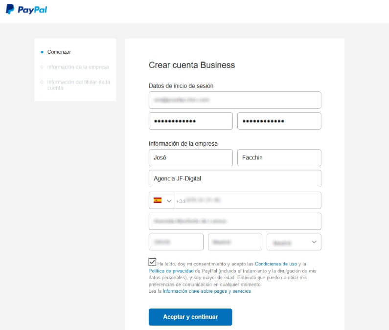 Crear cuenta de empresas en PayPal