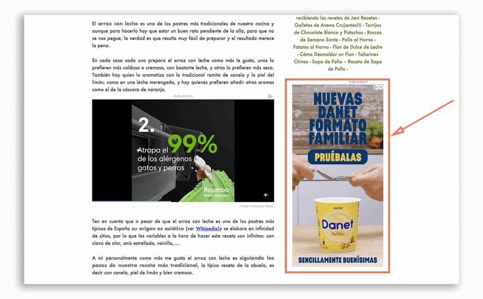 EJemplo de anuncio de marca láctea en Adsense