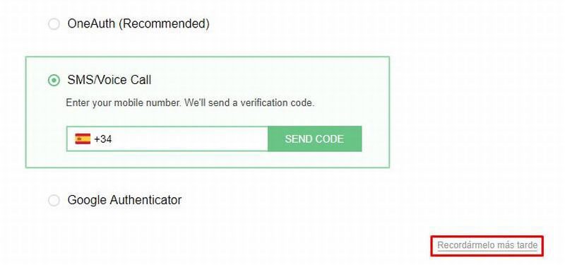 Recibir código de verificación al móvil