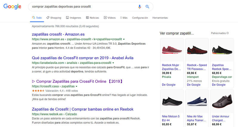 Búsqueda en Google: "comprar zapatillas deportivas para crossfit"