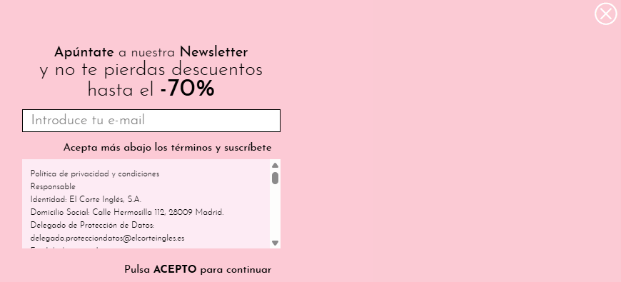 Ejemplo Pop Up para suscripción a newsletter