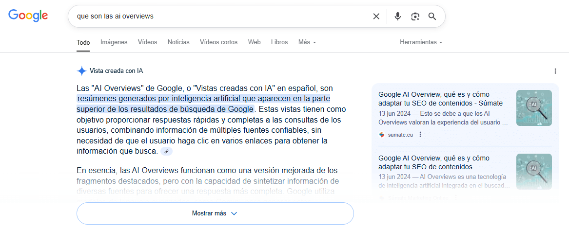 Ejemplo Google SGE y AI overviews
