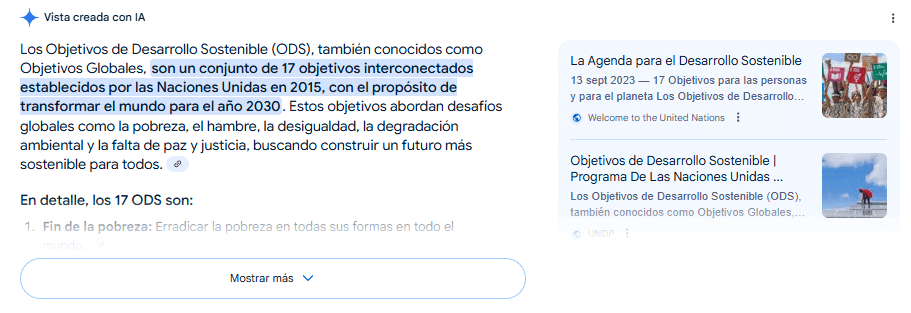Cómo aparecer en las AI Overviews. Ejemplo de vista creada con IA